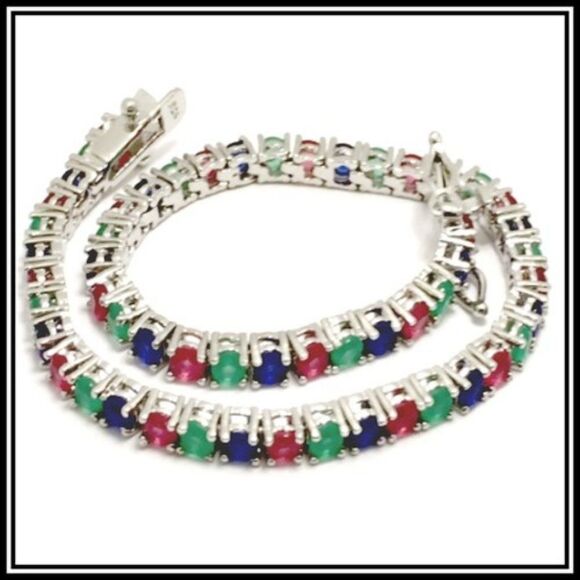 Elite, New & Not Worn, Genuine Emerald & Ruby Sterling Silver Bracelet SSQ50 - Picture 1 of 6